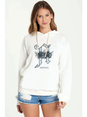 Qivi Architects Daybreaker Baskılı Beyaz Kadın Örme Kapşonlu Sweatshirt Uzun Kol