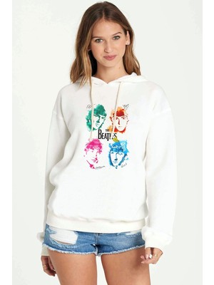 Qivi Beatles Yellow Submarıne Metal Baskılı Beyaz Kadın Örme Kapşonlu Sweatshirt Uzun Kol