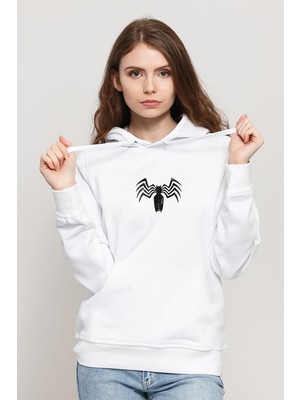 Qivi Venom Baskılı Beyaz Kadın Örme Kapşonlu Sweatshirt Uzun Kol