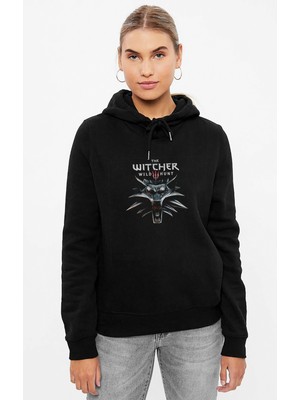 Qivi The Witcher Baskılı Siyah Kadın Örme Kapşonlu Sweashirt Uzun Kol