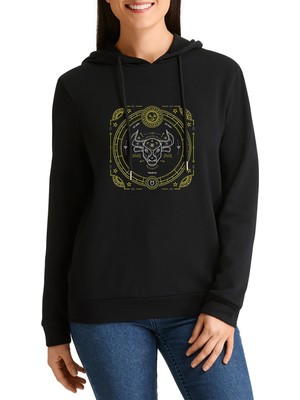 Qivi Burç Boğa Taurus Baskılı Siyah Kadın Örme Kapşonlu Sweatshirt Uzun Kol