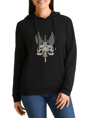 Qivi Kafatası ve Kanatlar ile Gri Kılıç Baskılı Siyah Kadın Örme Kapşonlu Sweatshirt Uzun Kol