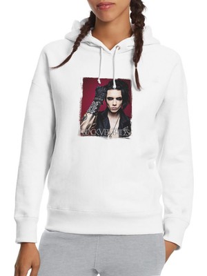 Qivi Black Veil Brides All Your Hate Baskılı Beyaz Kadın Örme Kapşonlu Sweatshirt Uzun Kol