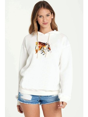Qivi Watercolor Tiger Baskılı Kadın Örme Kapüşonlu Beyaz Sweatshirt Uzun Kol