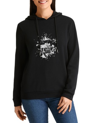 Qivi Pokey Gun Money Baskılı Siyah Kadın Örme Kapşonlu Sweatshirt Uzun Kol