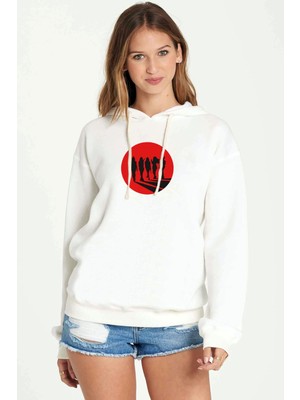 Qivi Silhouette Bad Girl Baskılı Kadın Örme Kapüşonlu Beyaz Sweatshirt Uzun Kol