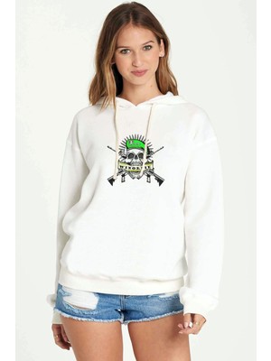 Qivi Clan Winordie Oficial Baskılı Beyaz Kadın Örme Kapşonlu Sweatshirt Uzun Kol