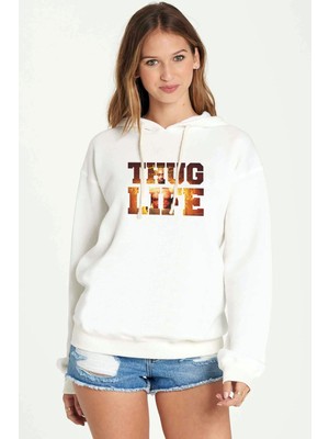Qivi Rap Hiphop 2pac Thug Life Baskılı Beyaz Kadın Örme Kapşonlu Sweatshirt Uzun Kol