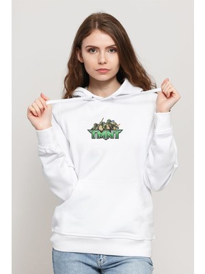 Qivi Teenage Mutant Ninja Turtles Logo Baskılı Beyaz Kadın Örme Kapşonlu Sweatshirt Uzun Kol