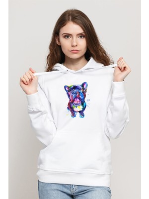 Qivi Watercolor Dog Baskılı Kadın Örme Kapüşonlu Beyaz Sweatshirt Uzun Kol