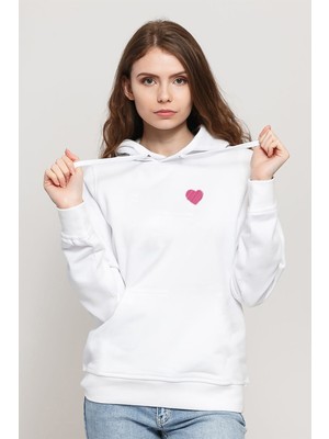 Qivi Kalp Logo Pembe Baskılı Beyaz Kadın Örme Kapşonlu Sweatshirt Uzun Kol
