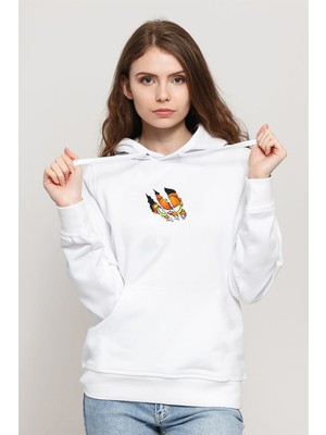 Qivi Kedi Baskılı Beyaz Kadın Örme Kapşonlu Sweatshirt Uzun Kol