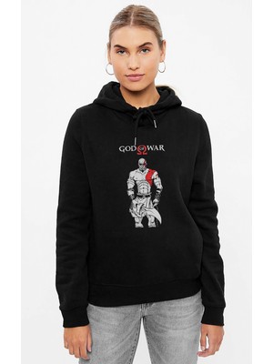 Qivi God Of War Baskılı Siyah Kadın Örme Kapşonlu Sweashirt Uzun Kol