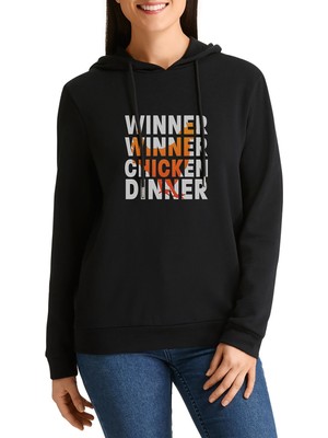 Qivi Pubg Winner Tavuk Baskılı Siyah Kadın Örme Kapşonlu Sweatshirt Uzun Kol