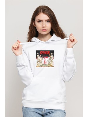 Qivi Kreator Terrible Certainty Baskılı Beyaz Kadın Örme Kapşonlu Sweatshirt Uzun Kol