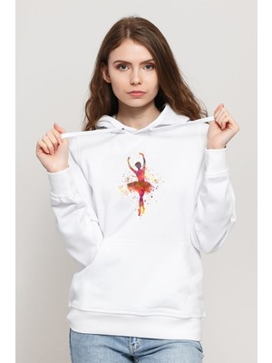 Qivi Watercolor Ballet Dancer Baskılı Kadın Örme Kapüşonlu Beyaz Sweatshirt Uzun Kol