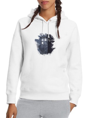 Qivi Doctor Who Flower Tumblr Baskılı Beyaz Kadın Örme Kapşonlu Sweatshirt Uzun Kol