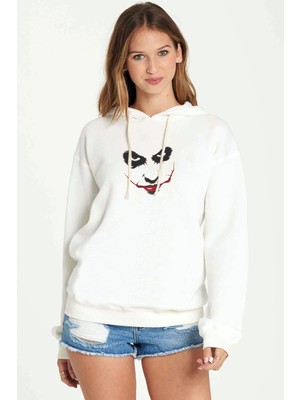 Qivi Ha Ha Ha Joker Baskılı Beyaz Kadın Örme Kapşonlu Sweatshirt Uzun Kol
