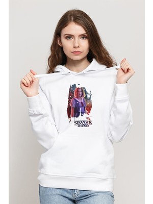 Qivi Stranger Things Robin Wallpaper Baskılı Kadın Örme Kapüşonlu Beyaz Sweatshirt Uzun Kol