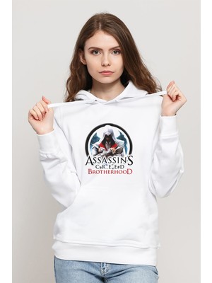 Qivi Assassins Creed Brootherhood Baskılı Beyaz Kadın Örme Kapşonlu Sweatshirt Uzun Kol