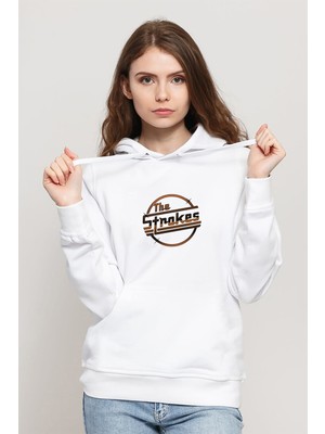 Qivi The Strokes Baskılı Beyaz Kadın Örme Kapşonlu Sweatshirt Uzun Kol