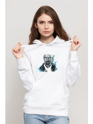 Qivi One Breaking Bad 2 Rock Baskılı Beyaz Kadın Örme Kapşonlu Sweatshirt Uzun Kol