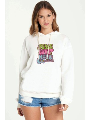 Qivi Peace Love Musıc Rock Baskılı Beyaz Kadın Örme Kapşonlu Sweatshirt Uzun Kol