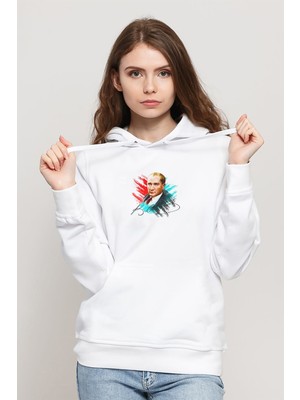 Qivi Tc Ulu Önder Mustafa Kemal Atatürk Baskılı Beyaz Kadın Örme Kapşonlu Sweatshirt Uzun Kol