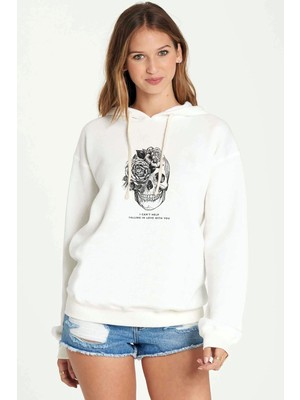 Qivi Skull Lockscreen Tumblr Baskılı Beyaz Kadın Örme Kapşonlu Sweatshirt Uzun Kol
