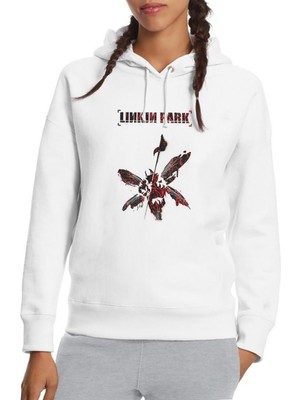 Qivi Linkin Park Art Baskılı Beyaz Kadın Örme Kapşonlu Sweatshirt Uzun Kol