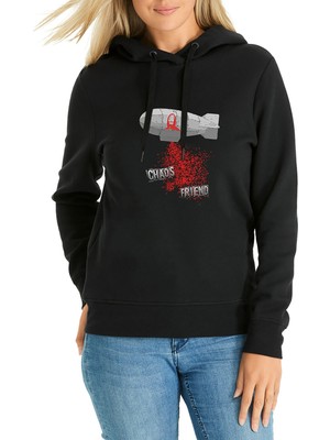 Qivi La Casa De Papel Chaos Is Our Friend Baskılı Siyah Kadın Örme Kapşonlu Sweatshirt Uzun Kol