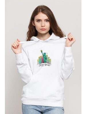 Qivi Vector Character Design Statue Of Liberty Baskılı Beyaz Kadın Örme Kapşonlu Sweatshirt Uzun Kol
