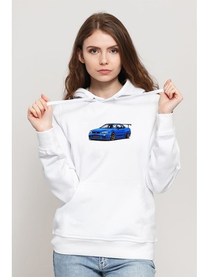 Qivi Nissan Skyline R34 Gt R Baskılı Beyaz Kadın Örme Kapşonlu Sweatshirt Uzun Kol