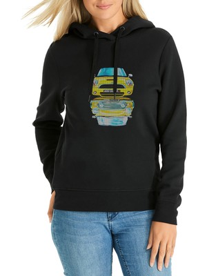 Qivi Mini Cooper S Baskılı Siyah Kadın Örme Kapşonlu Sweatshirt Uzun Kol