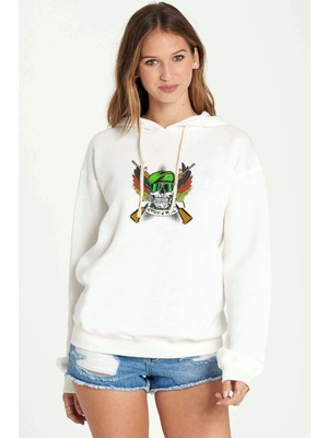 Qivi Spot 4 Kill Skull Kurukafa Baskılı Beyaz Kadın Örme Kapşonlu Sweatshirt Uzun Kol