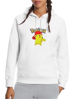 Qivi Pokemon Love Baskılı Beyaz Kadın Örme Kapşonlu Sweatshirt Uzun Kol