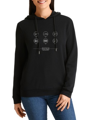 Qivi Pink Floyd Baskılı Siyah Kadın Örme Kapşonlu Sweatshirt Uzun Kol