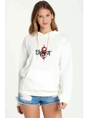 Qivi Slipknot Baskılı Beyaz Kadın Örme Kapşonlu Sweatshirt Uzun Kol