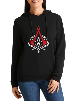 Qivi Assassin's Creed Baskılı Siyah Kadın Örme Kapşonlu Sweatshirt Uzun Kol