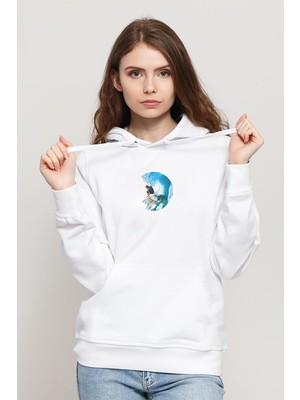 Qivi Kiss Surfing Sport Hotel Waikiki Beach Baskılı Beyaz Kadın Örme Kapşonlu Sweatshirt Uzun Kol