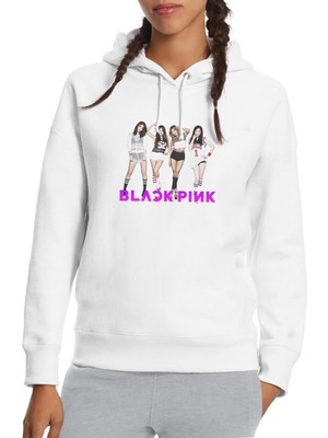 Qivi Black Pink Grup K Pop Kore Baskılı Beyaz Kadın Örme Kapşonlu Sweatshirt Uzun Kol