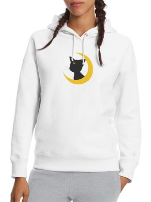 Qivi Silhouette Luna Baskılı Beyaz Kadın Örme Kapşonlu Sweatshirt Uzun Kol