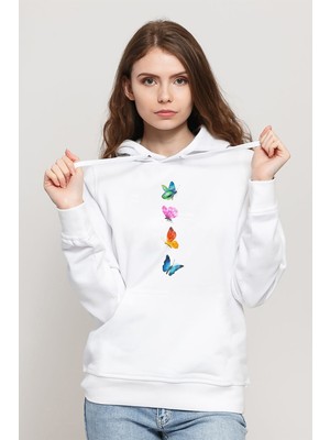 Qivi Watercolor Butterflys Baskılı Kadın Örme Kapüşonlu Beyaz Sweatshirt Uzun Kol