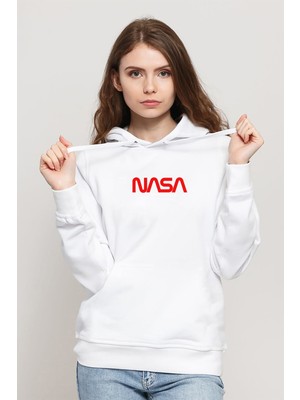 Qivi Nasa Kırkızı Baskılı Beyaz Kadın Örme Kapşonlu Sweatshirt Uzun Kol