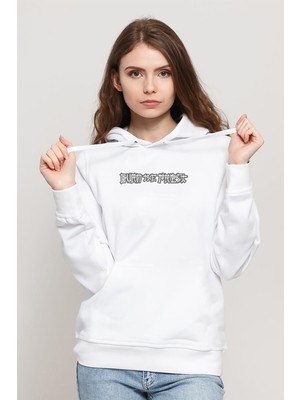 Qivi Burn The Priest Logo Music Baskılı Beyaz Kadın Örme Kapşonlu Sweatshirt Uzun Kol