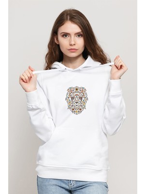 Qivi Aslan Colours Floral Baskılı Beyaz Kadın Örme Kapşonlu Sweatshirt Uzun Kol