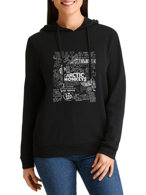 Qivi Arctic Monkeys Songs Baskılı Siyah Kadın Örme Kapşonlu Sweatshirt Uzun Kol