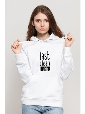 Qivi Last Clean Baskılı Beyaz Kadın Örme Kapşonlu Sweatshirt Uzun Kol