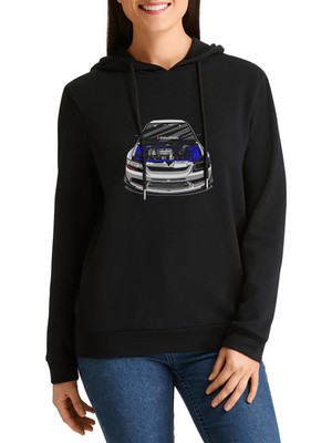 Qivi Mitsubishi Evolution Ix Baskılı Siyah Kadın Örme Kapşonlu Sweatshirt Uzun Kol