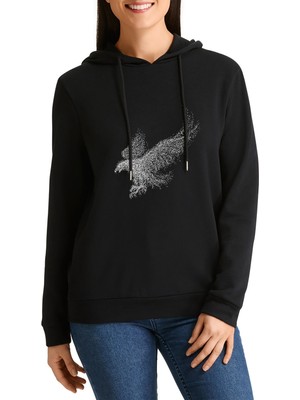 Qivi Kel Kartal Kuşu Kanatları Parçacıklar Baskılı Siyah Kadın Örme Kapşonlu Sweatshirt Uzun Kol
